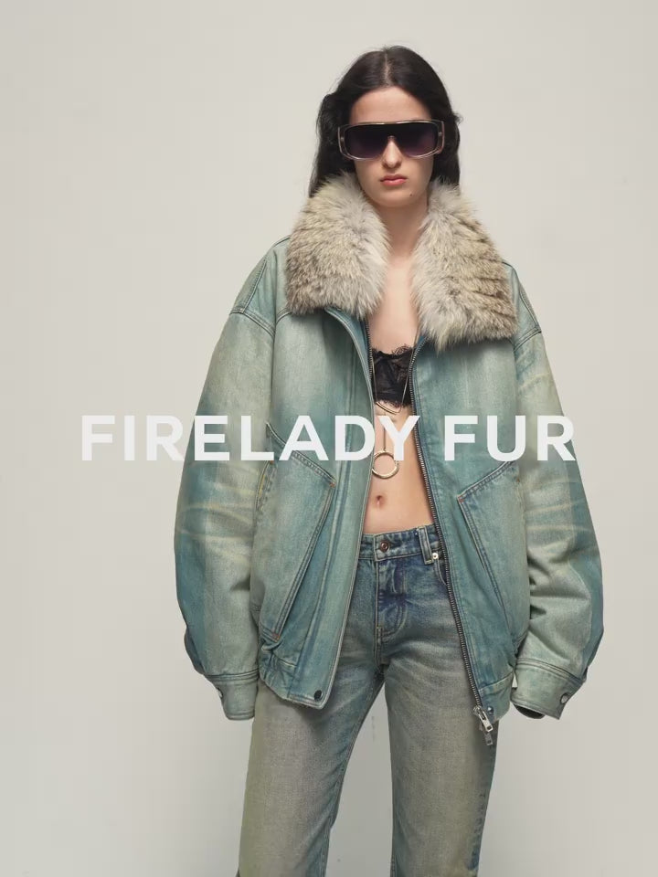Firelady Fur Women's Denim Parka with SAGAFURS Fox Fur Collar "Warm Mist Glass"