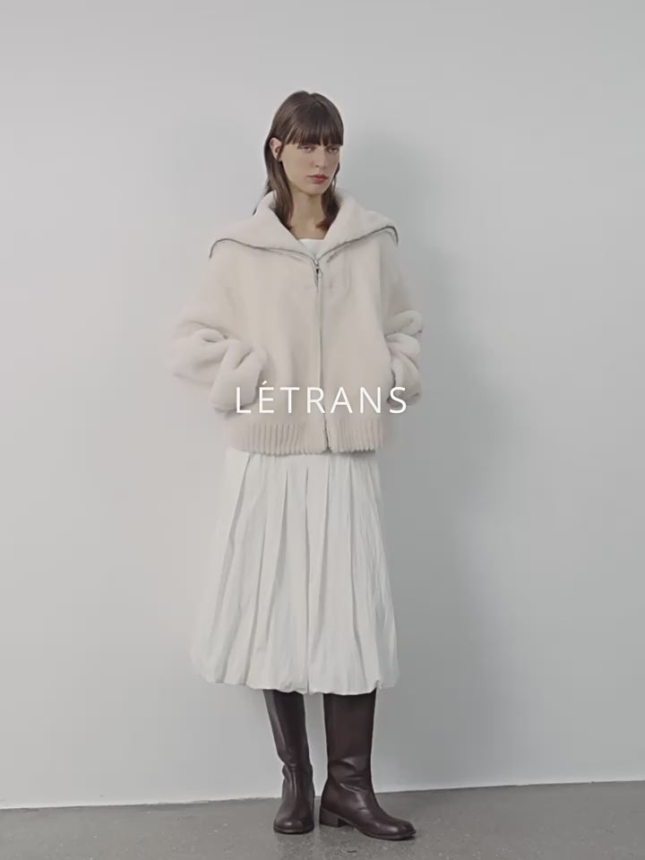 Fireladyfur Women's Shearling Leather Coat | Short Navy Collar Merino Wool Blend“Butter Crisp”