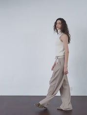 “Street Sketch”Fine-Spun Wool Fashion, Waistless Pleated Loose-Fitting Straight-Leg and Wide-Leg Casual Trousers for Women