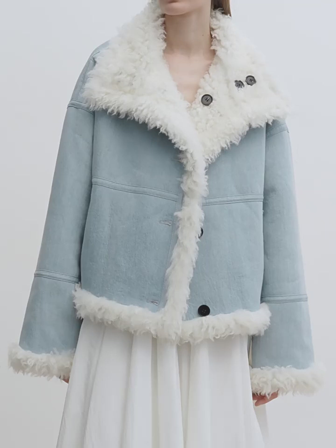 "Mint Glacier"Flip Collar Reversible Shearling Denim Wool Jacket