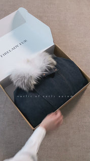 Fireladyfur Women’s Flocked Denim Goose Down Parka with Detachable Fox Fur Collar“City Travel”