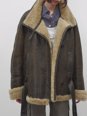 "London Street"Motorcycle Style Lapel Imported Merino Fur One-piece Fur Jacket Winter