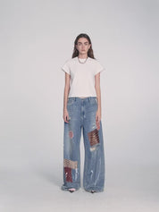 "Uninhibited splicing" retro design mid-low waist washed ripped hole splattered paint cloth patch wide-leg jeans