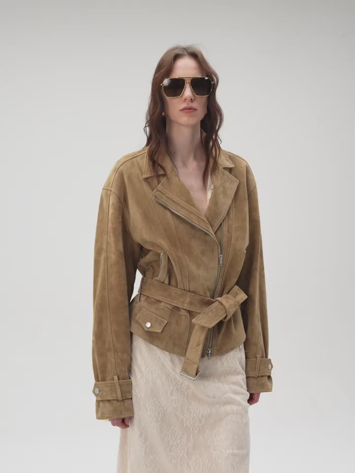 Firelady Fur Women's Sheepskin Motorcycle Jacket - Cinched Waist Biker Coat "Modern Times"