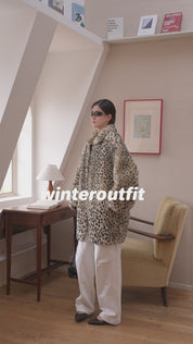 "Leopard print sniper" imported merino sheepskin fashionable off-shoulder slim mid-length fur coat