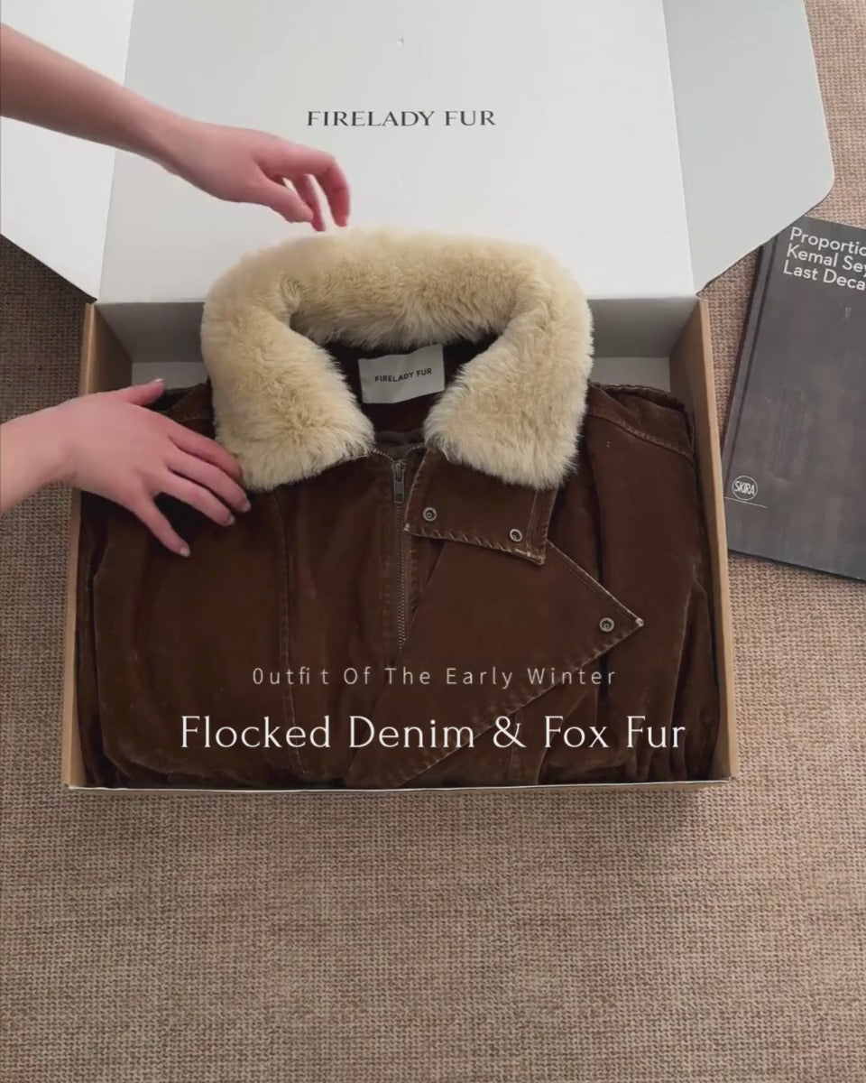 Fireladyfur Women’s Flocked Denim Goose Down Parka with Detachable Fox Fur Collar“City Travel”