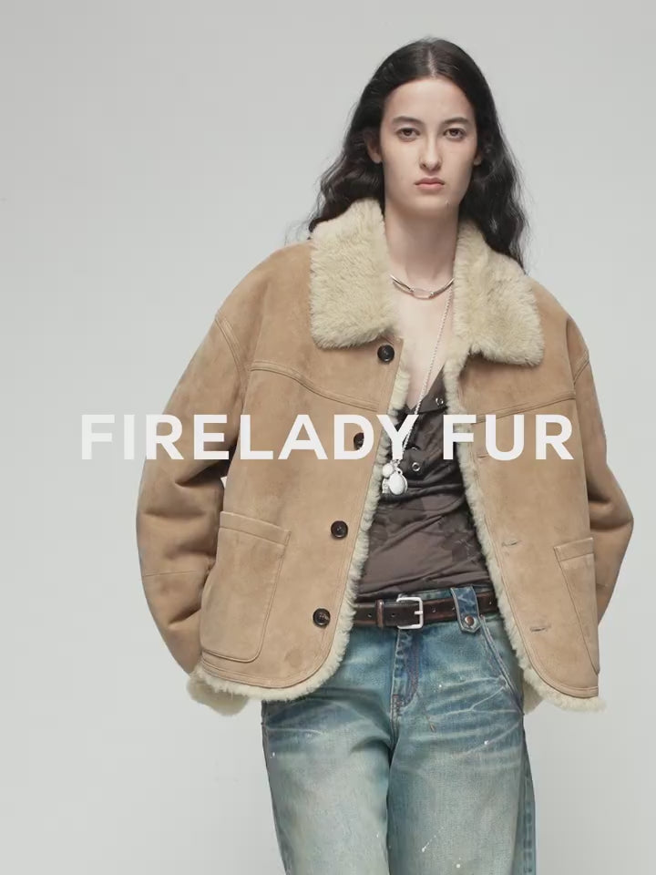 Firelady Fur Women‘s Contrast-Collar Shearling Coat with Shaved Leather Trim & Merino Shearling