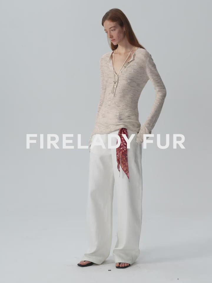 "Perry Moonlight" fashionable cotton and linen beaded fancy yarn waisted bell sleeves round neck cardigan knitted top