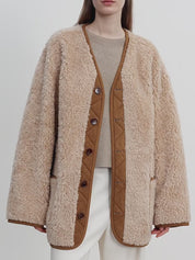 "Freke"Premium Wool V-Neck Drop Shoulder Reversible Vintage-Inspired Fur Coat