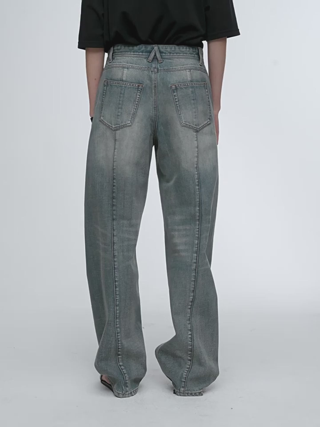 Vintage heavy cotton polyester blended washed comfortable slim front curved jeans