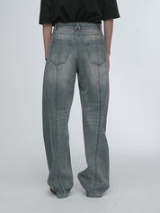 Vintage heavy cotton polyester blended washed comfortable slim front curved jeans