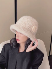 Mink Woven Fur Hat Women's Camellia Flower Bucket Hat