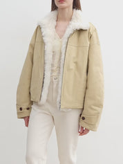 "Rebellious Escape" detachable contrasting color shearling fur collar down short parka