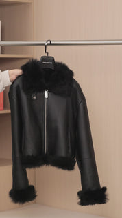 Fireladyfur Women's Shearling Coat - Motorcycle Style Tuscan Wool Short Jacket