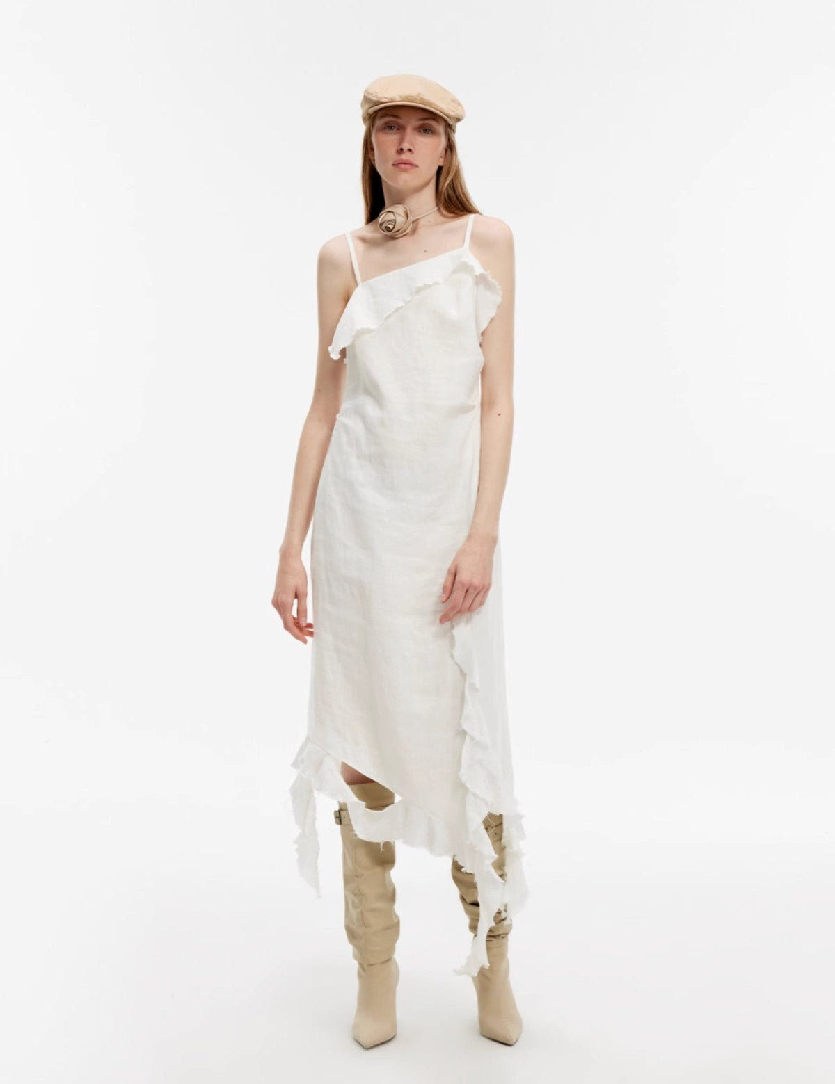 Sand - washed Linen Sling Ruffled Irregular Fit Sling Dress"Summer Whisper" - variant_title