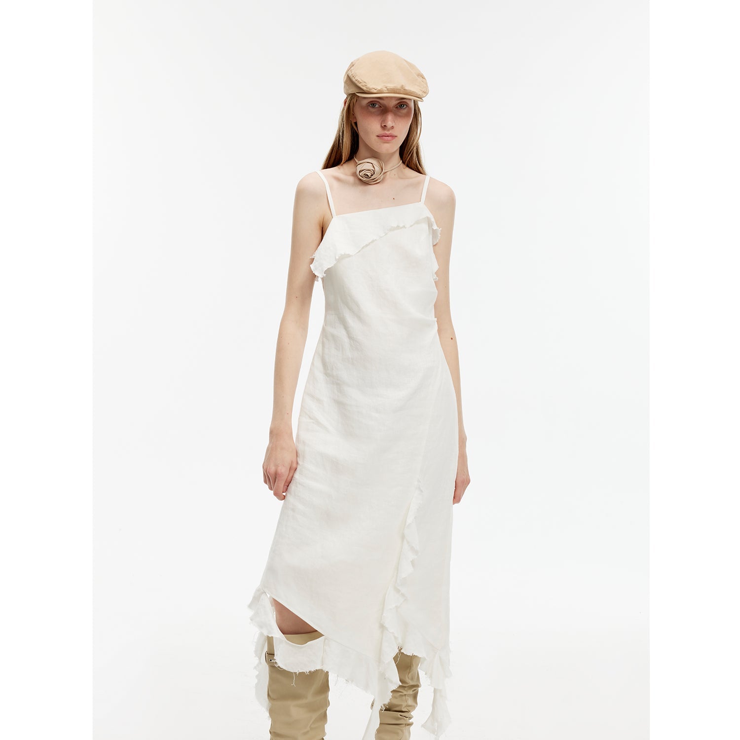 Sand - washed Linen Sling Ruffled Irregular Fit Sling Dress"Summer Whisper" - variant_title
