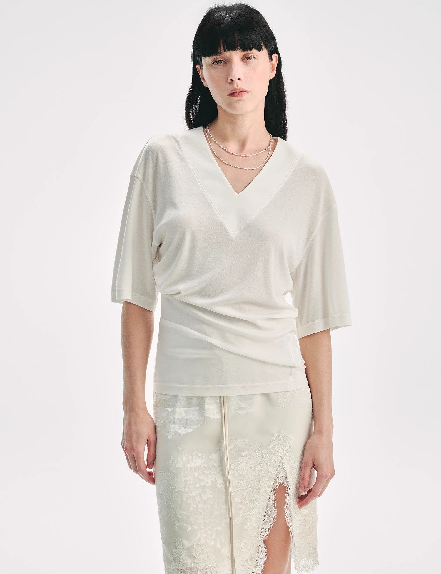 Silk Tencel blended pleated V - neck loose dropped shoulder T-shirt"Inspiration Bag" - variant_title