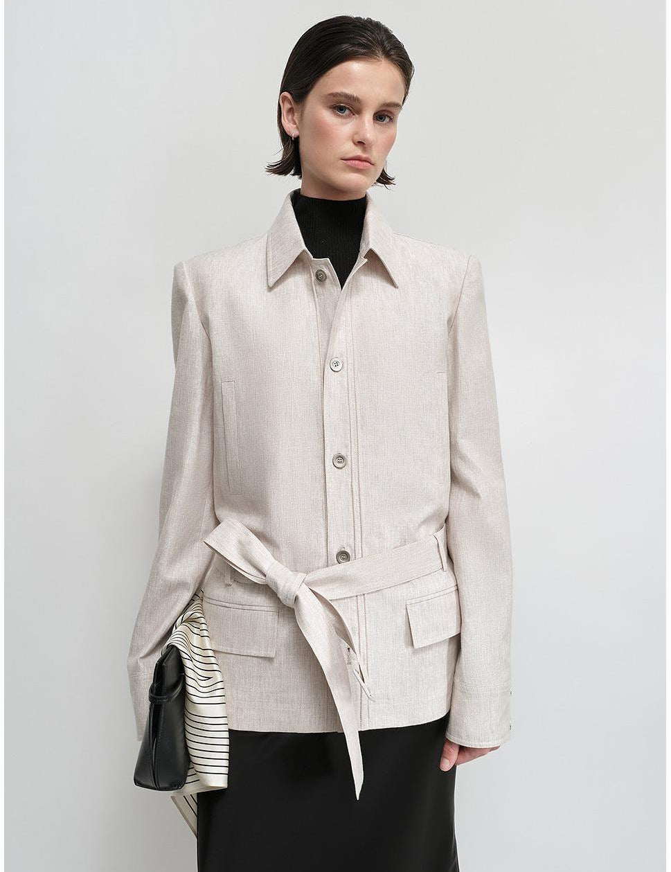 THE ARTM Women's Linen Blazer Jacket with Belt - Slim Fit Short Hunting Jacket for Spring