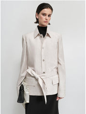 THE ARTM Women's Linen Blazer Jacket with Belt - Slim Fit Short Hunting Jacket for Spring