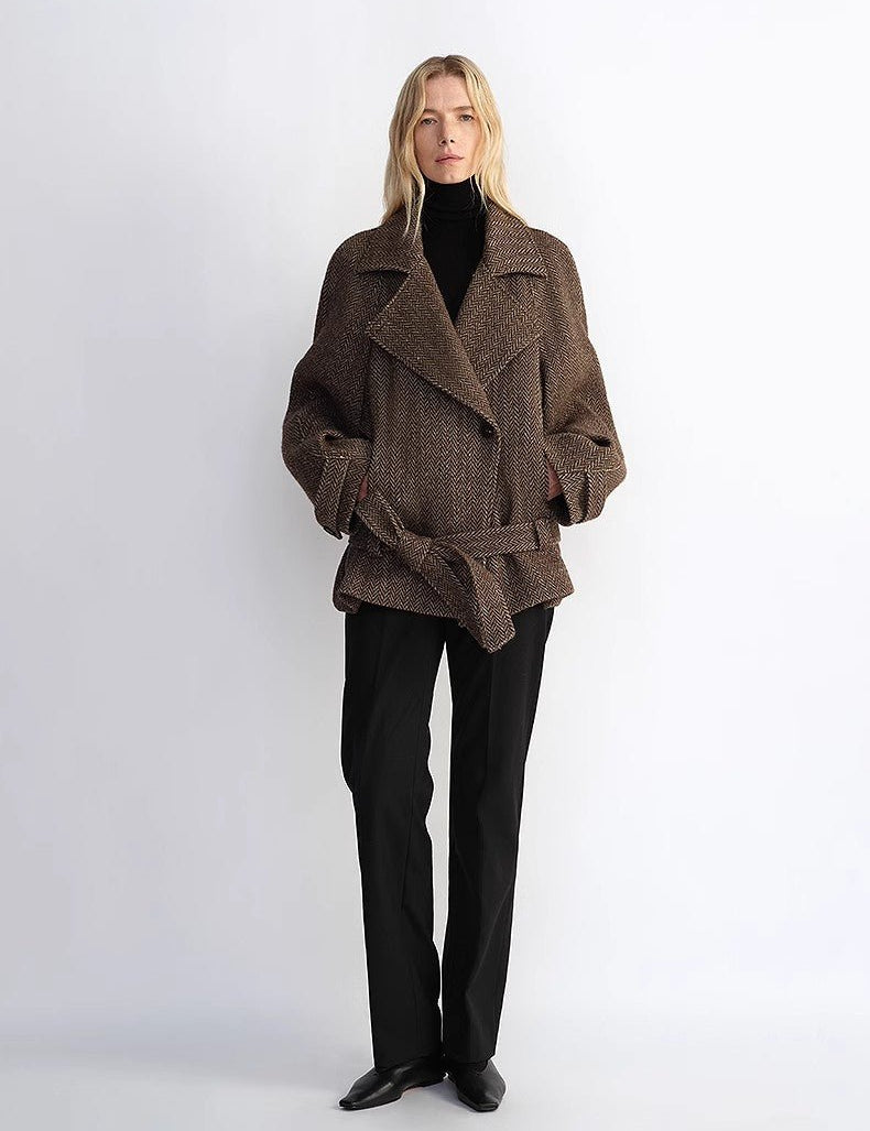"Warm Cocoon" Italian Herringbone Wool Classic Lapel Micro - coon Short Wool Coat for Women - variant_title