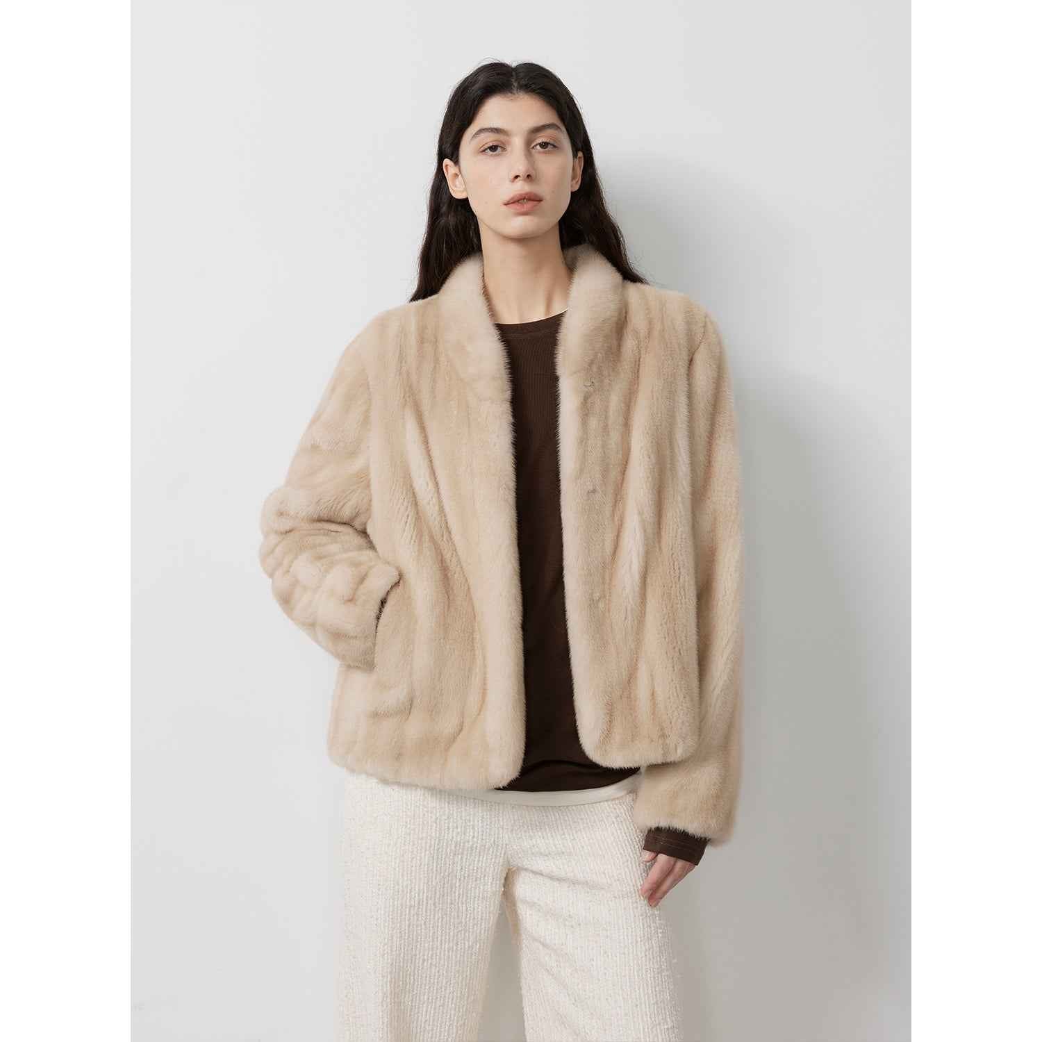 Warm coffee mink retro imported stand collar short mink fur coat - variant_title