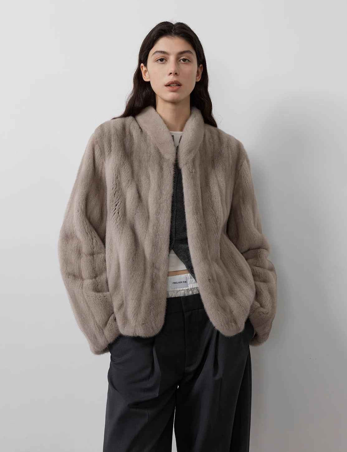 Warm coffee mink retro imported stand collar short mink fur coat - variant_title