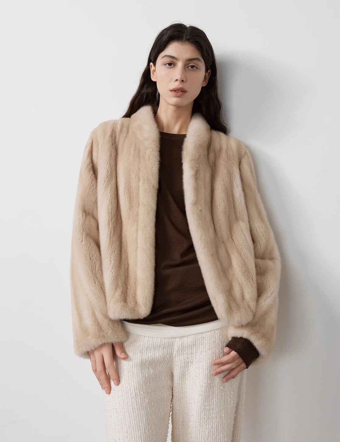 Warm coffee mink retro imported stand collar short mink fur coat - variant_title