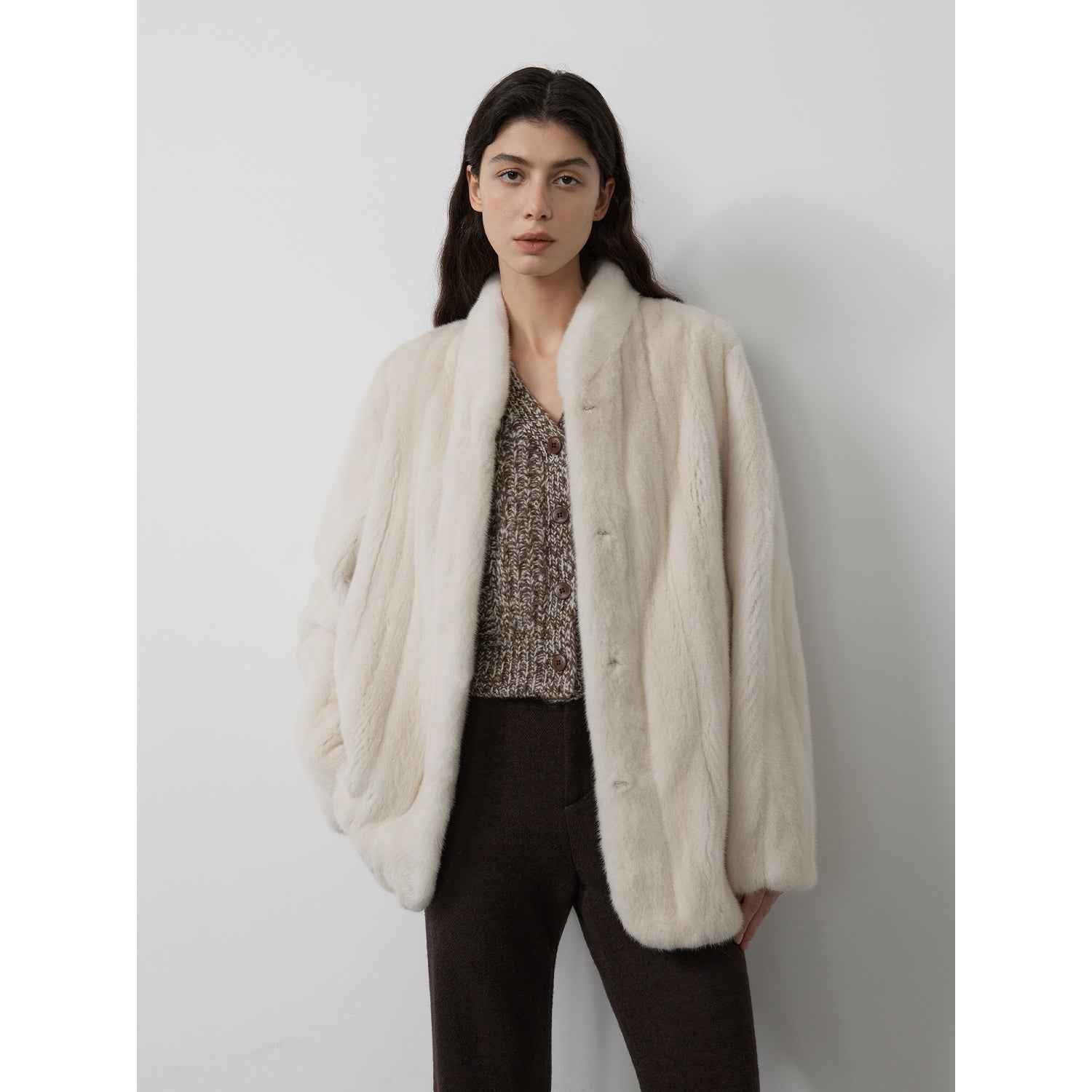 Warm coffee mink retro imported stand collar short mink fur coat - variant_title