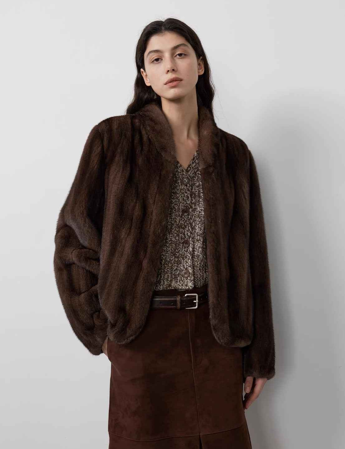 Warm coffee mink retro imported stand collar short mink fur coat - variant_title