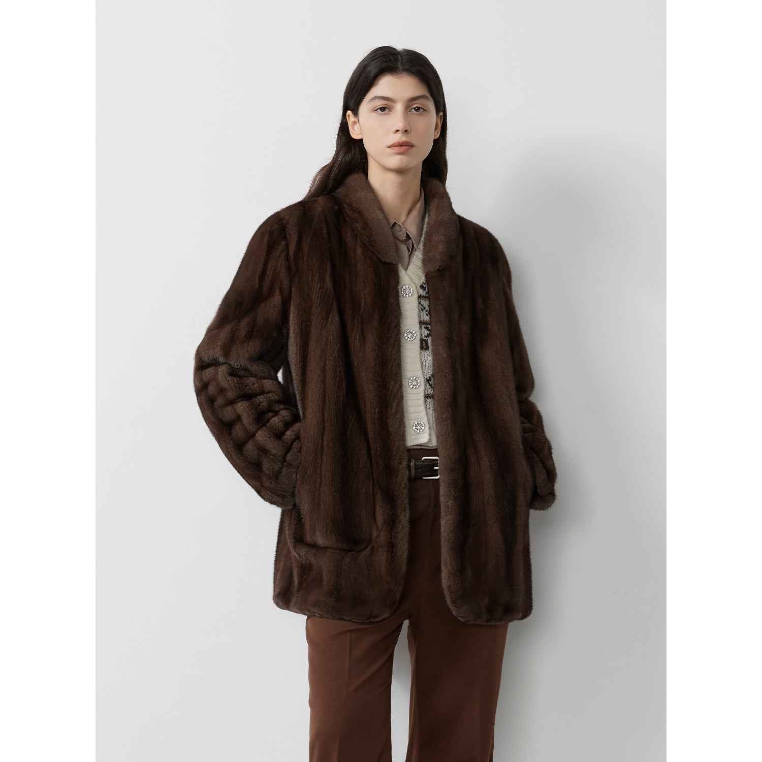 Warm coffee mink retro imported stand collar short mink fur coat - variant_title
