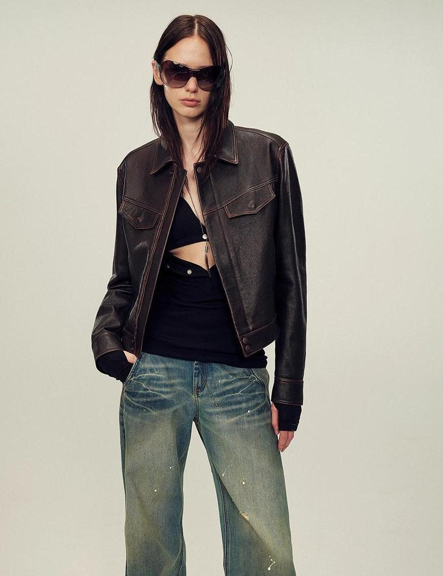 Women's imported first - layer suede sheepskin short autumn leather jacket - variant_title