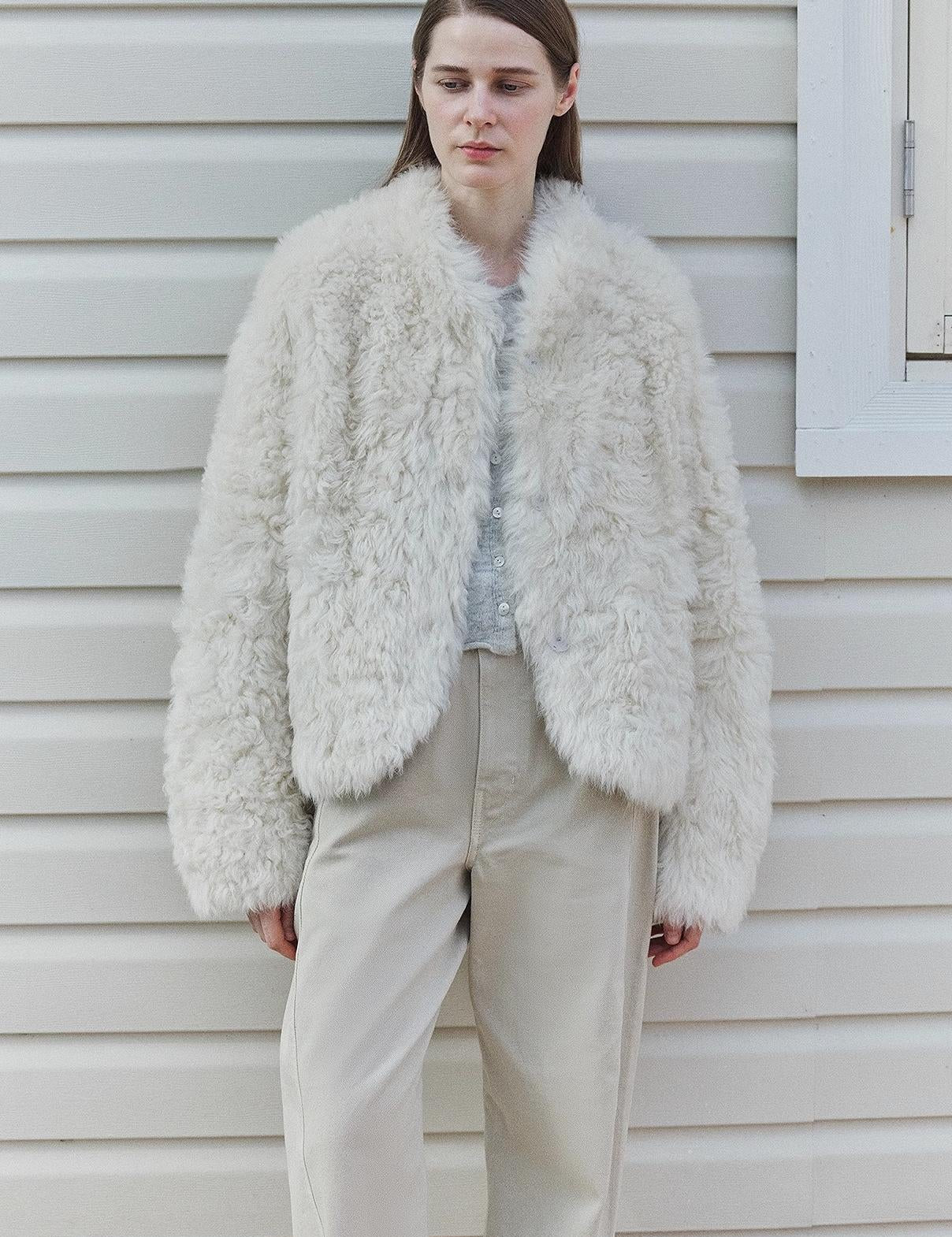 "Yorta" imported Tuscan curly wool upper arc collar sheepskin coat - variant_title